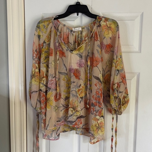 Olivia Grey Tops - Vibrant Floral Sheer Blouse